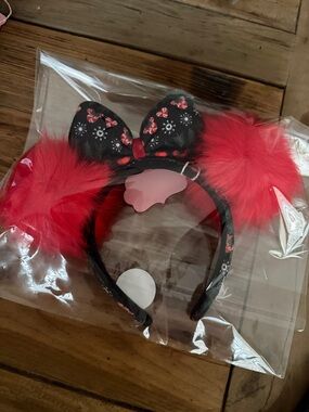 Disney Red and Black Minnie Ear Headband with Fuzzy Pom Poms